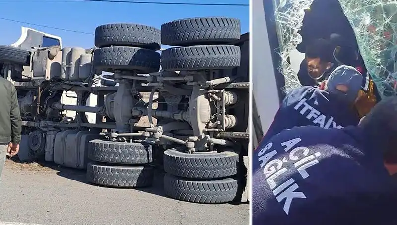 Virajı Alamayan Kamyonun Yan Yatışı, Yolda Trafik Kaosuna Neden Oldu